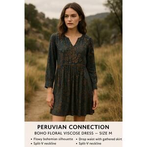 Peruvian Connection Saffron and Teal Boho Floral Viscose Dress — Size M